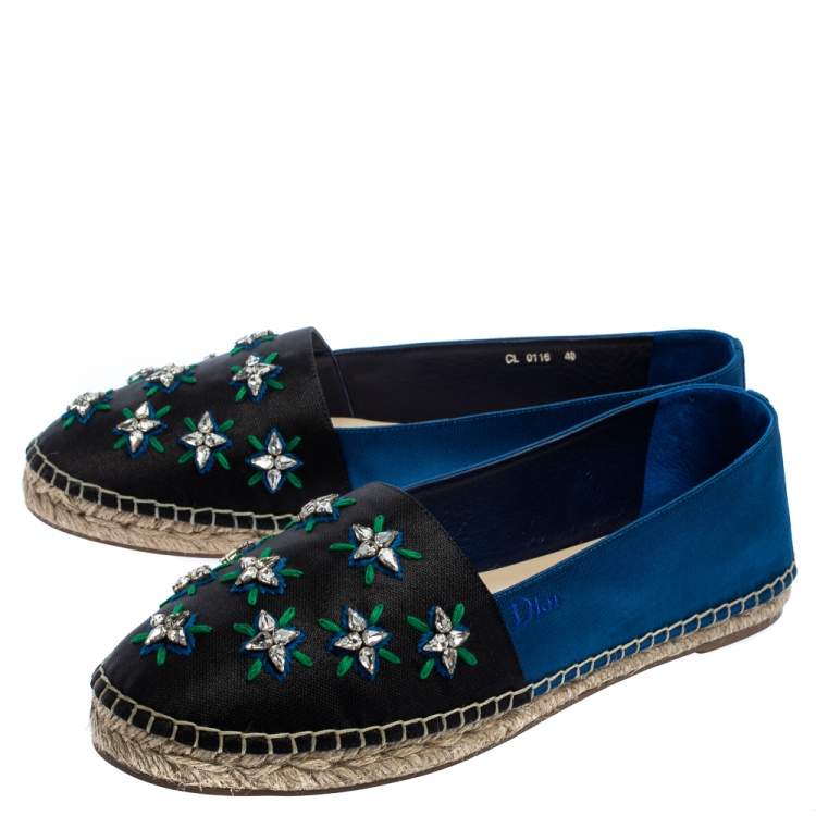 Pre Owned Dior Black/Blue Canvas Embellished Riviera Flat Espadrilles Size 40