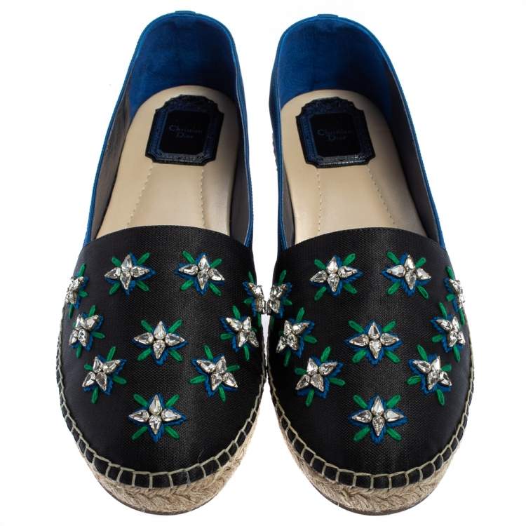 Pre Owned Dior Black/Blue Canvas Embellished Riviera Flat Espadrilles Size 40