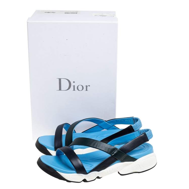 Pre Owned Dior Black/Dark Green Leather Slingback Flat Sandals Size 38.5
