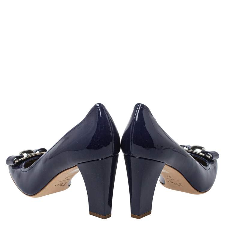 Pre Owned Dior Navy Blue Patent Leather Buckle Pumps Size 42