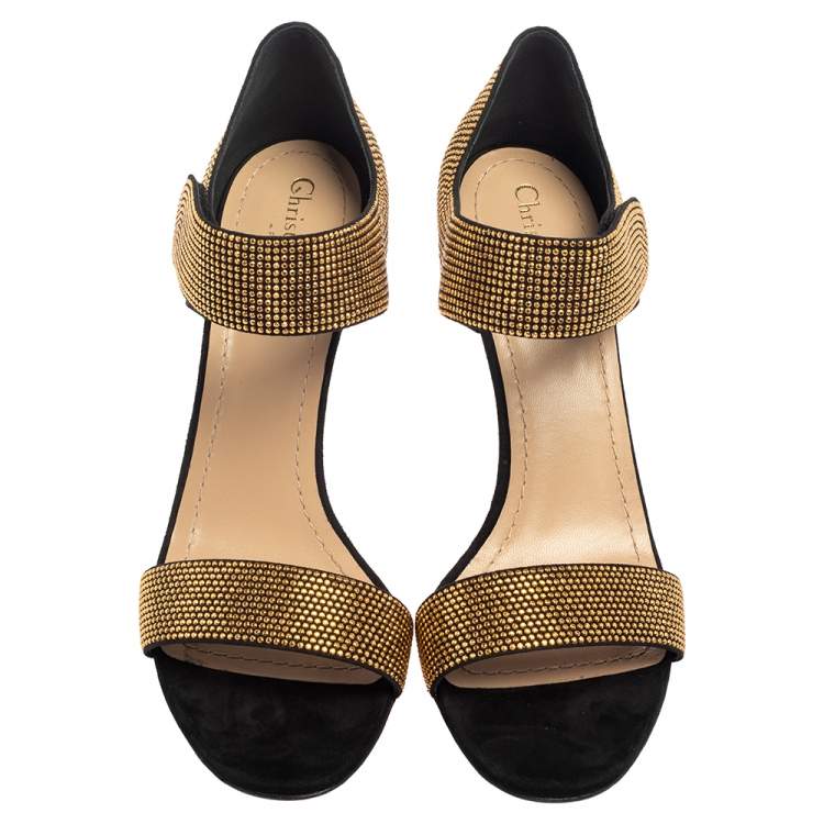 Pre Owned Dior Black/Gold Studded Suede Open Toe Ankle Strap Sandals Size 40.5