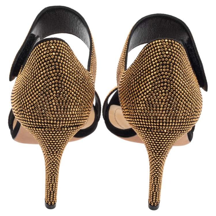 Pre Owned Dior Black/Gold Studded Suede Open Toe Ankle Strap Sandals Size 40.5