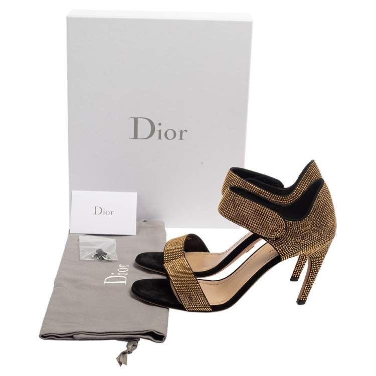 Pre Owned Dior Black/Gold Studded Suede Open Toe Ankle Strap Sandals Size 40.5