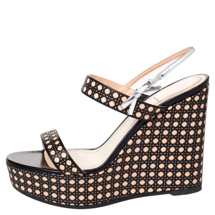 Pre Owned Dior Tricolor Cannage Leather Wedge Platform Open Toe Sandals Size 40