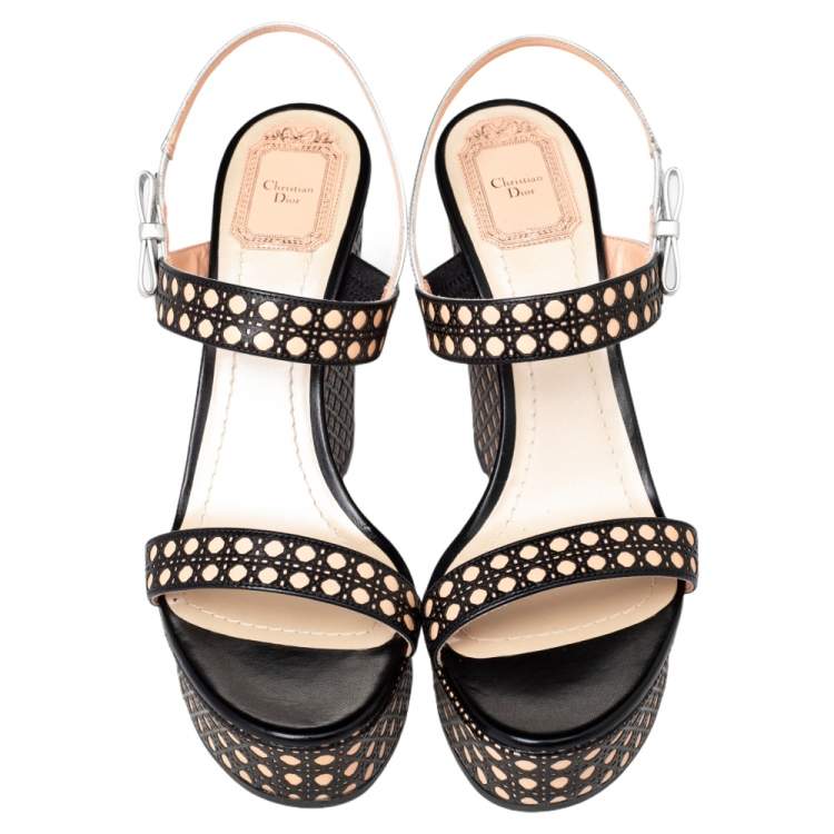 Pre Owned Dior Tricolor Cannage Leather Wedge Platform Open Toe Sandals Size 40