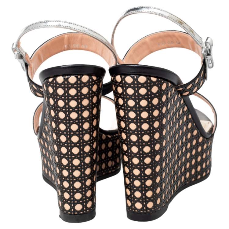 Pre Owned Dior Tricolor Cannage Leather Wedge Platform Open Toe Sandals Size 40
