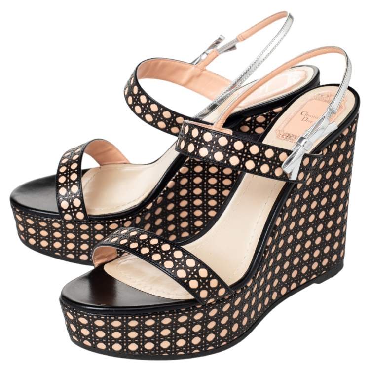 Pre Owned Dior Tricolor Cannage Leather Wedge Platform Open Toe Sandals Size 40