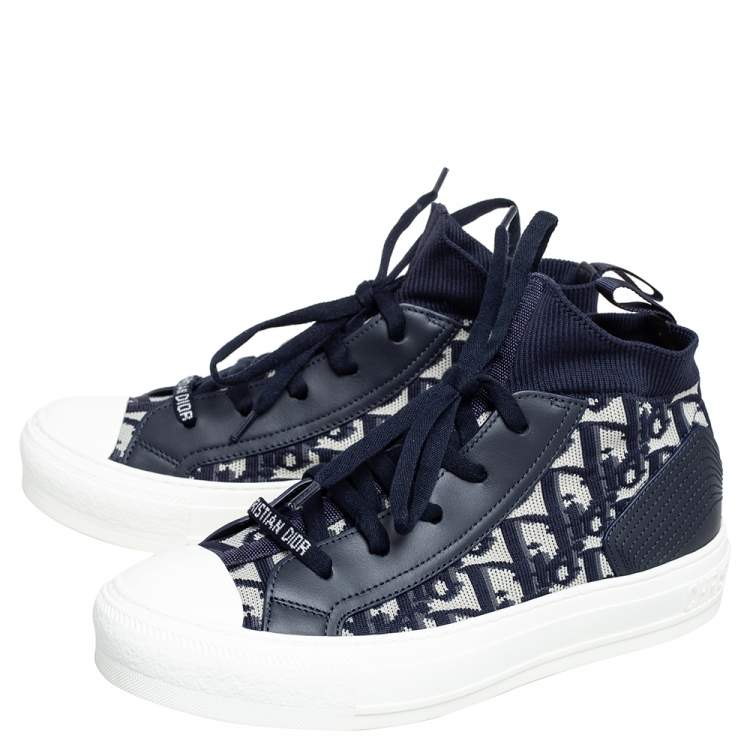Pre Owned Dior Blue/White Technical Knit and Leather Walk'n'Dior High-Top Sneakers Size 36