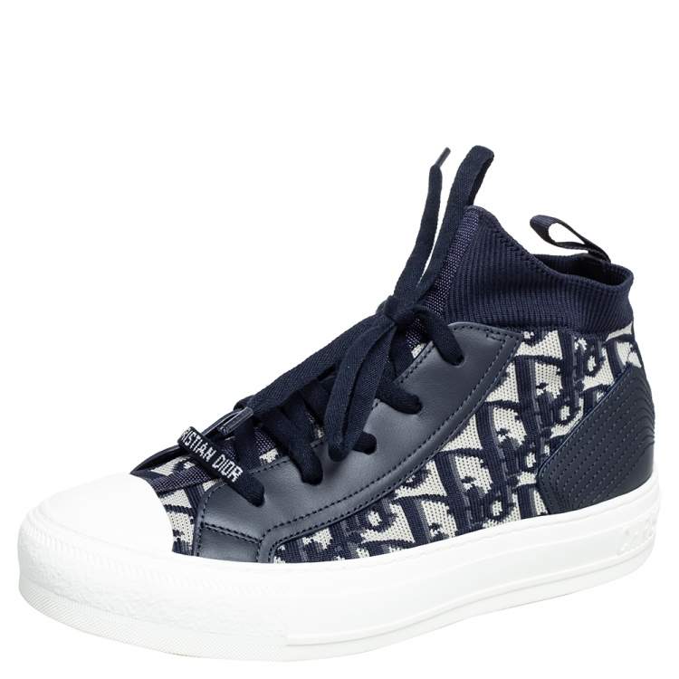 Pre Owned Dior Blue/White Technical Knit and Leather Walk'n'Dior High-Top Sneakers Size 36