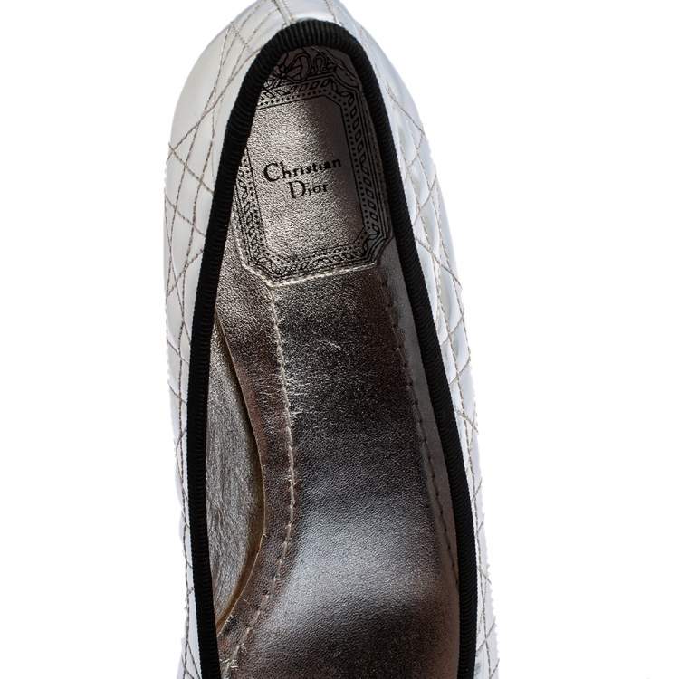 Pre Owned Dior Silver Cannage Leather Bow Ballet Flats Size 38