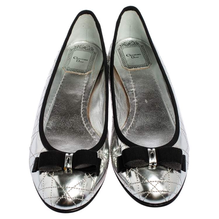 Pre Owned Dior Silver Cannage Leather Bow Ballet Flats Size 38