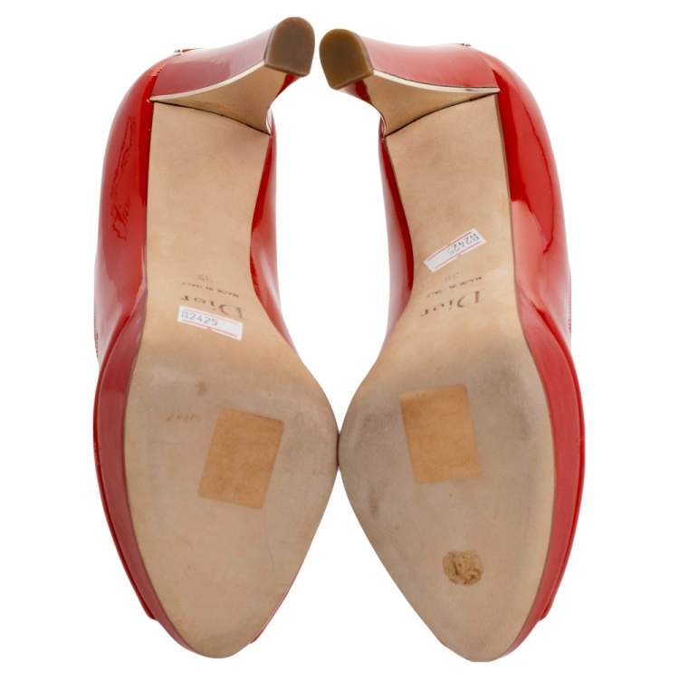 Pre Owned Dior Orange Patent Leather Miss Dior Peep Toe Pumps Size 39