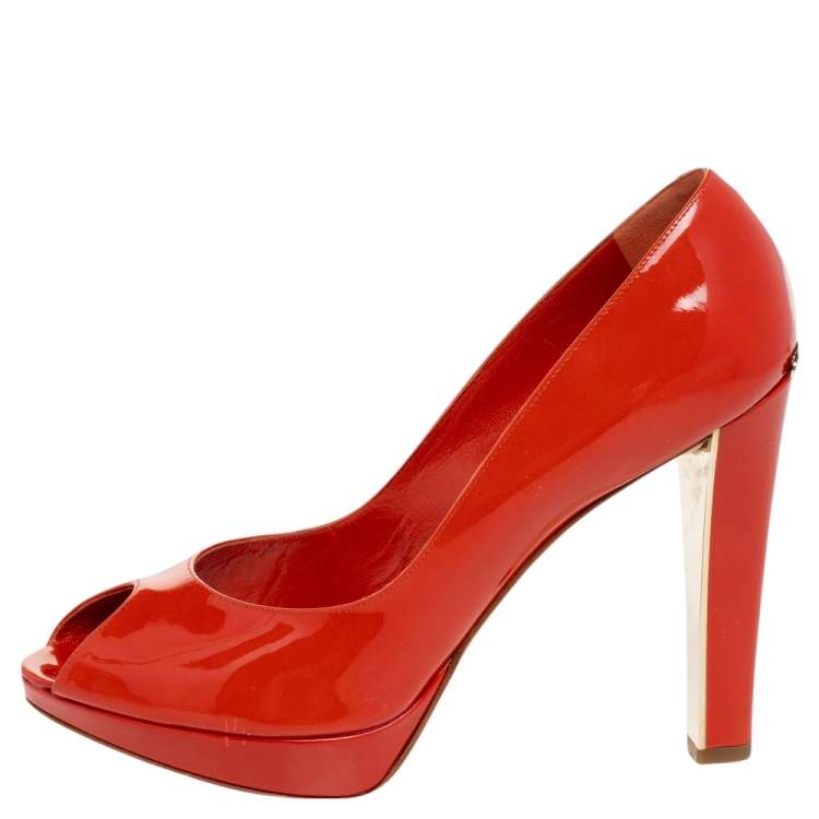 Pre Owned Dior Orange Patent Leather Miss Dior Peep Toe Pumps Size 39