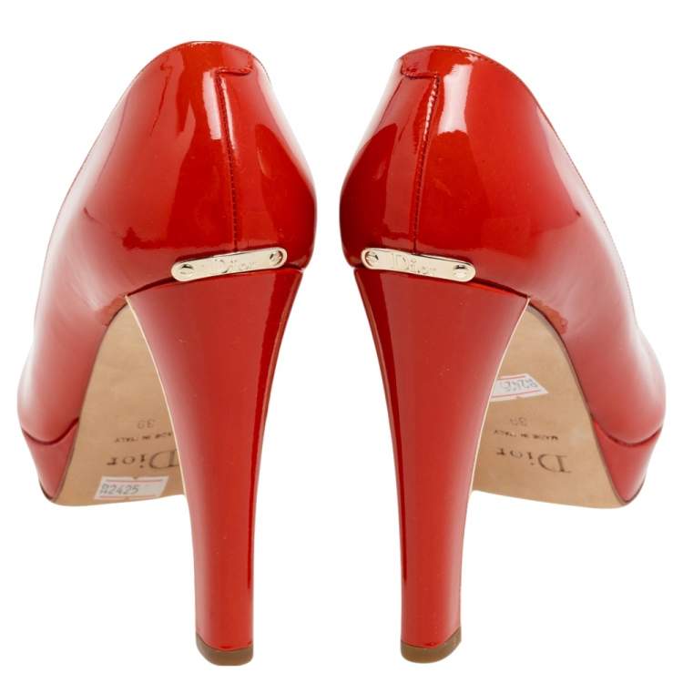 Pre Owned Dior Orange Patent Leather Miss Dior Peep Toe Pumps Size 39