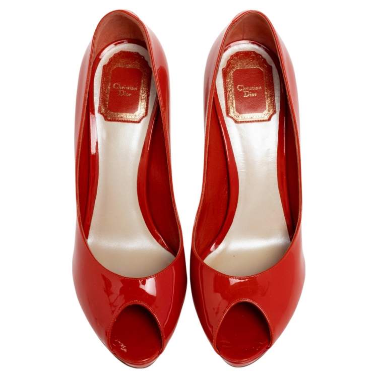 Pre Owned Dior Orange Patent Leather Miss Dior Peep Toe Pumps Size 39