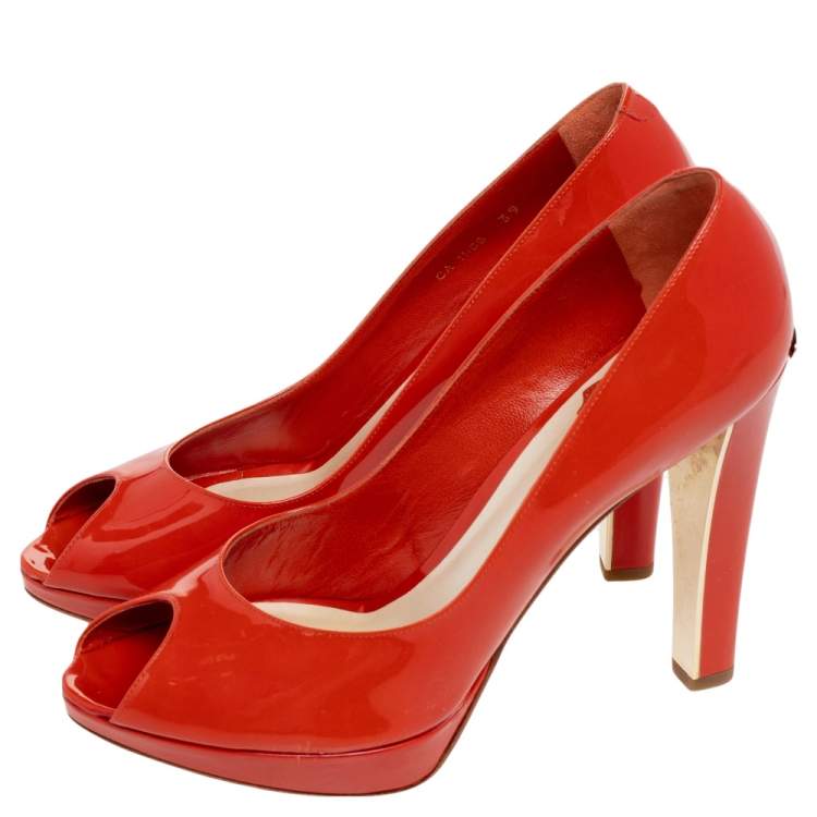Pre Owned Dior Orange Patent Leather Miss Dior Peep Toe Pumps Size 39