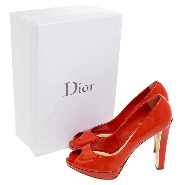 Pre Owned Dior Orange Patent Leather Miss Dior Peep Toe Pumps Size 39