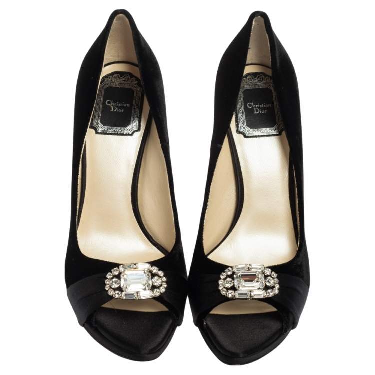 Pre Owned Dior Black Velvet and Satin Empire Crystal Embellished Peep Toe Platform Pumps Size 37