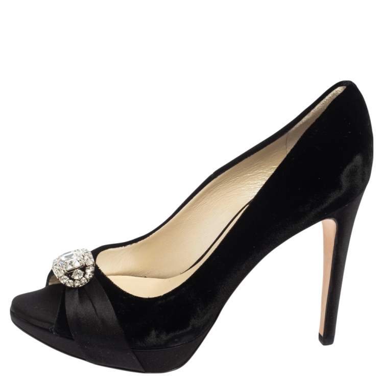 Pre Owned Dior Black Velvet and Satin Empire Crystal Embellished Peep Toe Platform Pumps Size 37