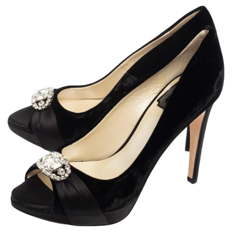 Pre Owned Dior Black Velvet and Satin Empire Crystal Embellished Peep Toe Platform Pumps Size 37