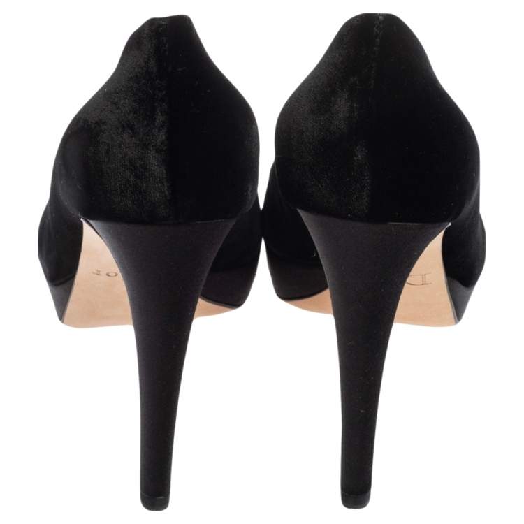 Pre Owned Dior Black Velvet and Satin Empire Crystal Embellished Peep Toe Platform Pumps Size 37