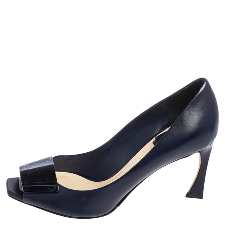 Pre Owned Dior Navy Blue Leather Declinaison Defile Open Toe Pumps Size 36