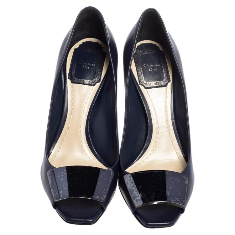 Pre Owned Dior Navy Blue Leather Declinaison Defile Open Toe Pumps Size 36