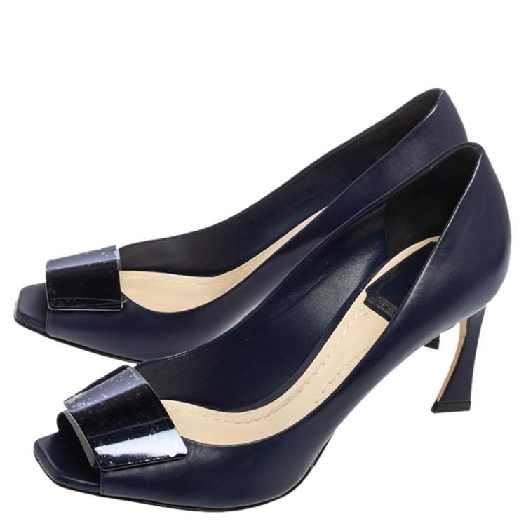 Pre Owned Dior Navy Blue Leather Declinaison Defile Open Toe Pumps Size 36