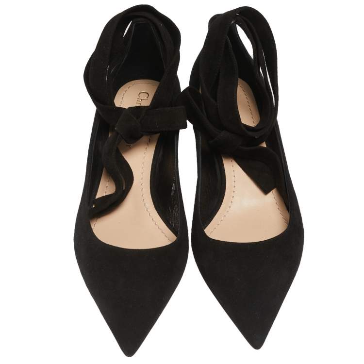 Pre Owned Dior Black Suede Pointed Toe Ankle Wrap Pumps Size 37.5