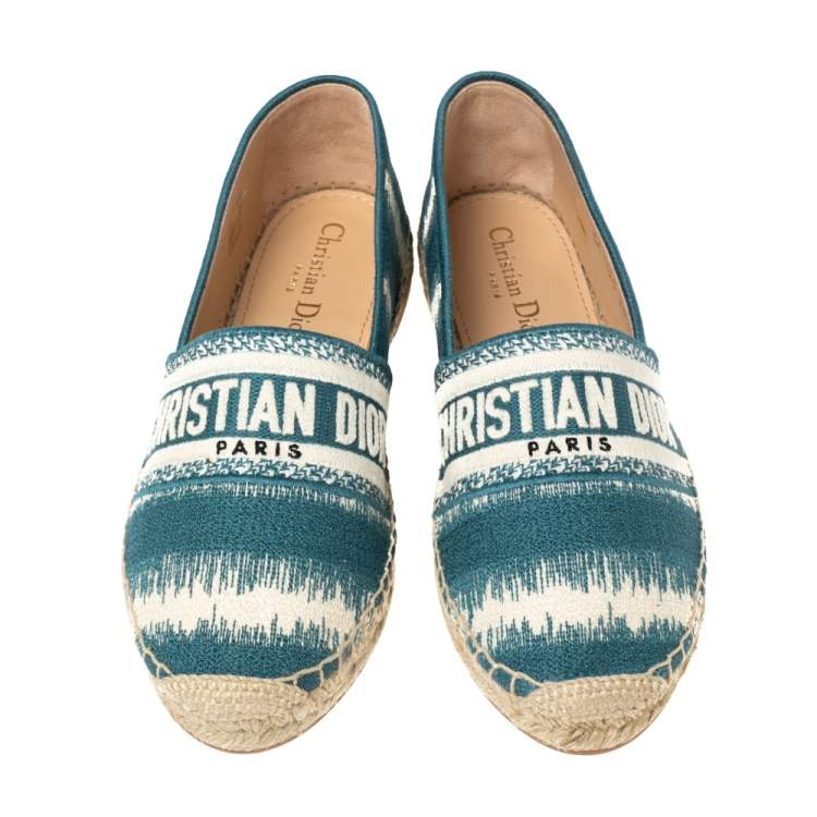 Pre Owned Dior Blue/White Embroidered Cotton Fabric Granville D Stripe Espadrille Flats Size 38.5