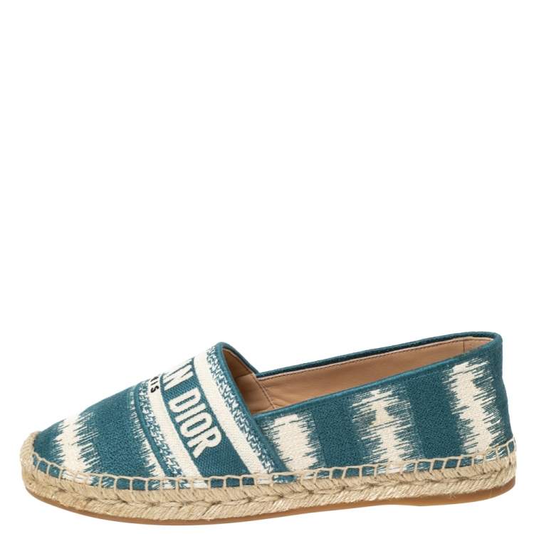 Pre Owned Dior Blue/White Embroidered Cotton Fabric Granville D Stripe Espadrille Flats Size 38.5