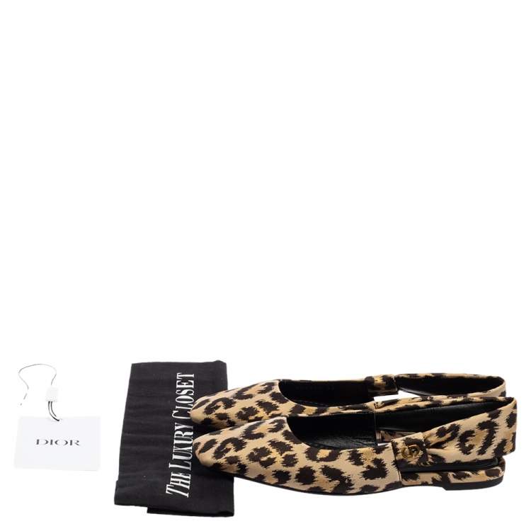 Pre Owned Dior Beige/Black Leopard Print Fabric Mizza Slingback Flat Pumps Size 38