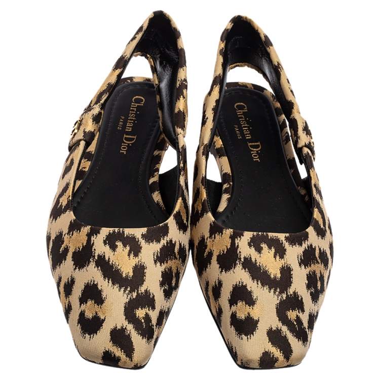 Pre Owned Dior Beige/Black Leopard Print Fabric Mizza Slingback Flat Pumps Size 38