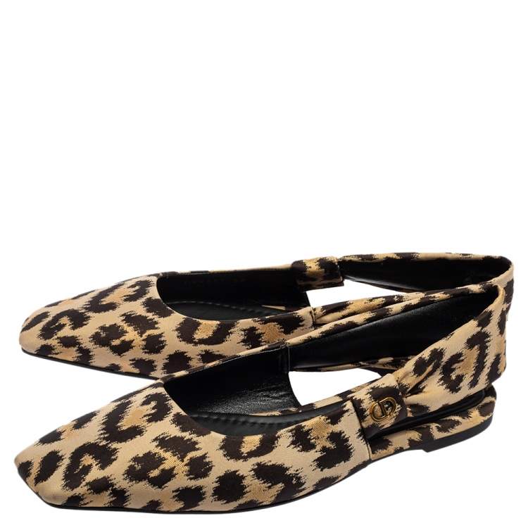 Pre Owned Dior Beige/Black Leopard Print Fabric Mizza Slingback Flat Pumps Size 38