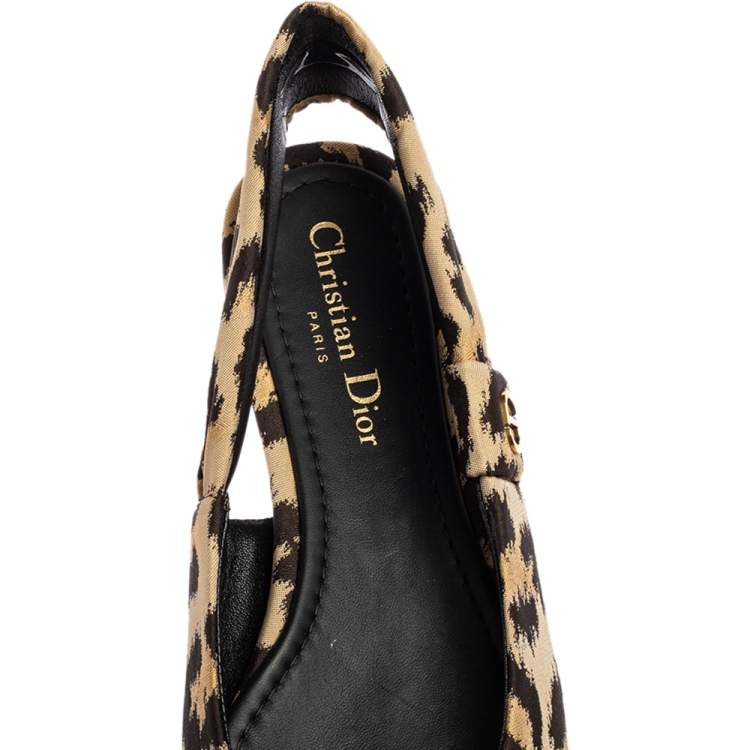 Pre Owned Dior Beige/Black Leopard Print Fabric Mizza Slingback Flat Pumps Size 38