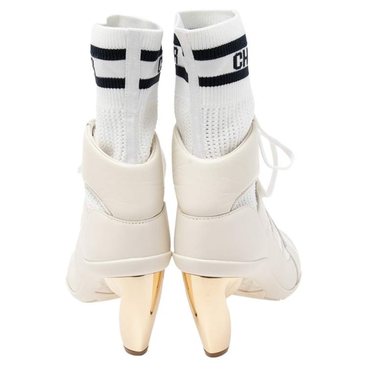 Pre Owned Dior Beige/White Leather and Knit Fabric D-Zenith Heeled Ankle Boots Size 37.5