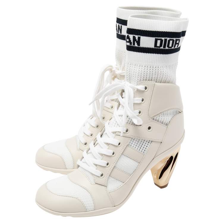 Pre Owned Dior Beige/White Leather and Knit Fabric D-Zenith Heeled Ankle Boots Size 37.5
