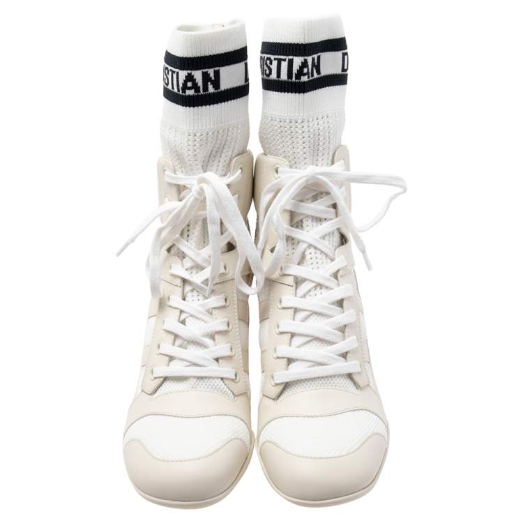 Pre Owned Dior Beige/White Leather and Knit Fabric D-Zenith Heeled Ankle Boots Size 37.5