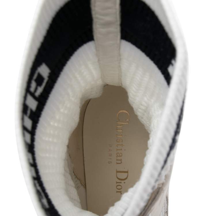 Pre Owned Dior Beige/White Leather and Knit Fabric D-Zenith Heeled Ankle Boots Size 37.5