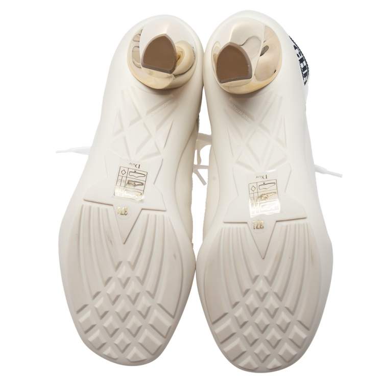 Pre Owned Dior Beige/White Leather and Knit Fabric D-Zenith Heeled Ankle Boots Size 37.5
