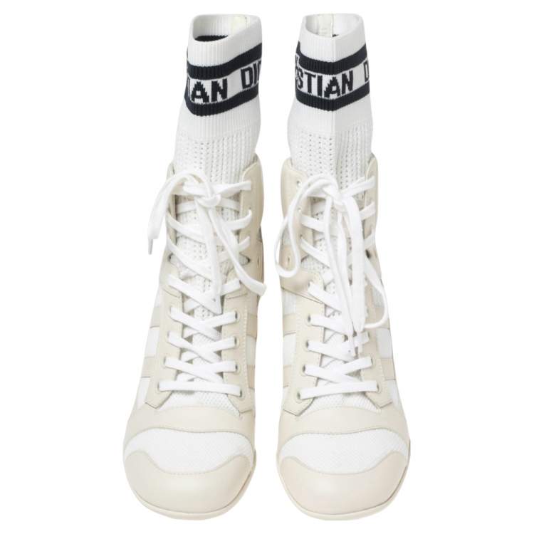 Pre Owned Dior White Leather, Mesh and Knit Fabric D-Zenith Ankle Boots Size 37.5