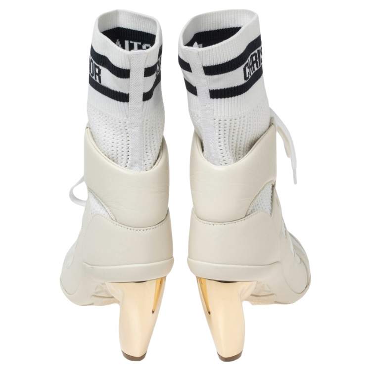 Pre Owned Dior White Leather, Mesh and Knit Fabric D-Zenith Ankle Boots Size 37.5
