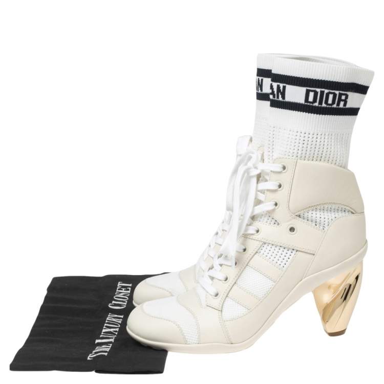 Pre Owned Dior White Leather, Mesh and Knit Fabric D-Zenith Ankle Boots Size 37.5