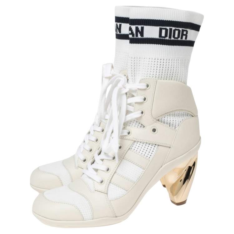 Pre Owned Dior White Leather, Mesh and Knit Fabric D-Zenith Ankle Boots Size 37.5