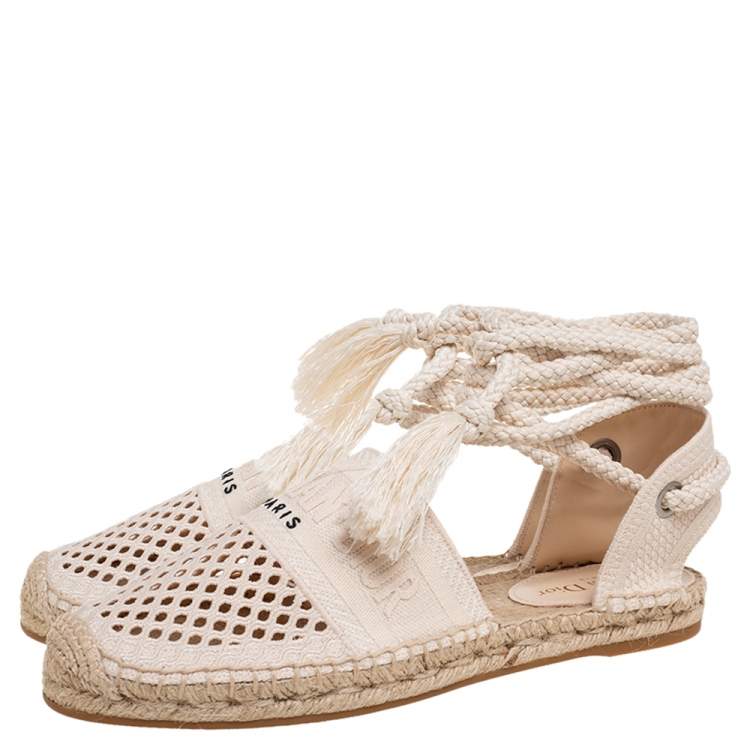 Pre Owned Dior Cream Granville Mesh Embroidered Ankle Wrap Flat Espadrille Sandals Size 39