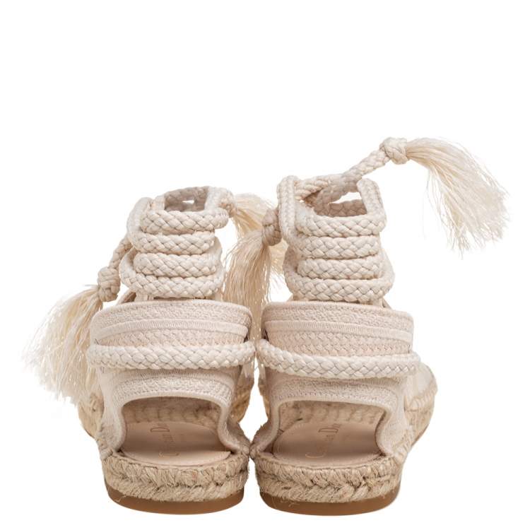 Pre Owned Dior Cream Granville Mesh Embroidered Ankle Wrap Flat Espadrille Sandals Size 39