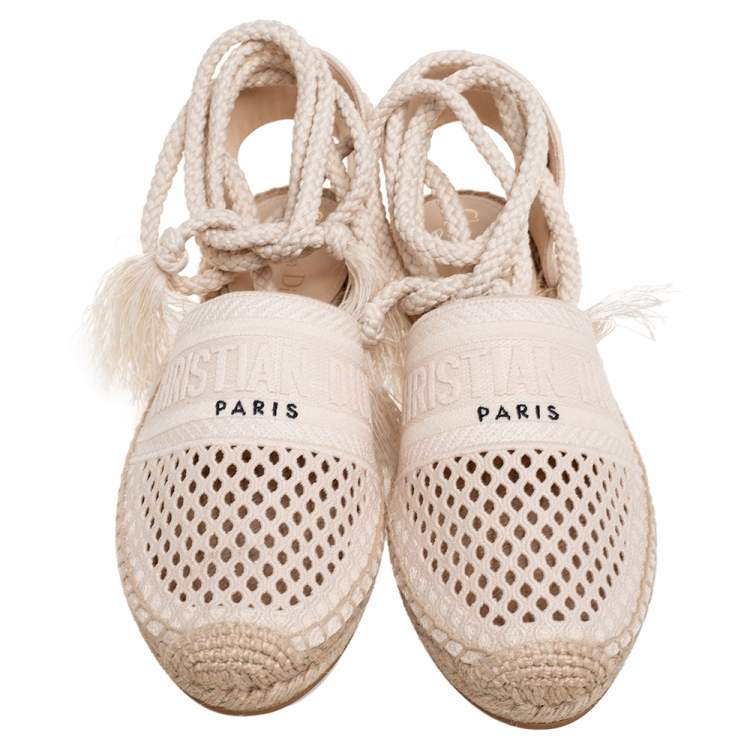 Pre Owned Dior Cream Granville Mesh Embroidered Ankle Wrap Flat Espadrille Sandals Size 39