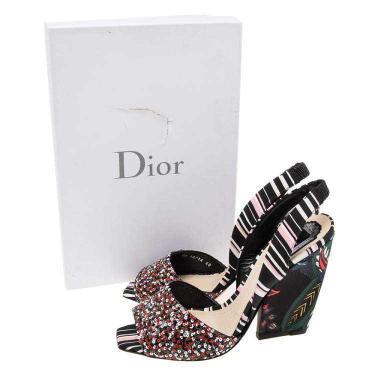 Pre Owned Dior Multicolor Sequins and Printed Fabric Slingback Open-Toe Sandals Size 40