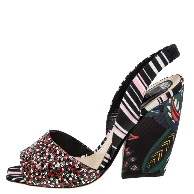 Pre Owned Dior Multicolor Sequins and Printed Fabric Slingback Open-Toe Sandals Size 40