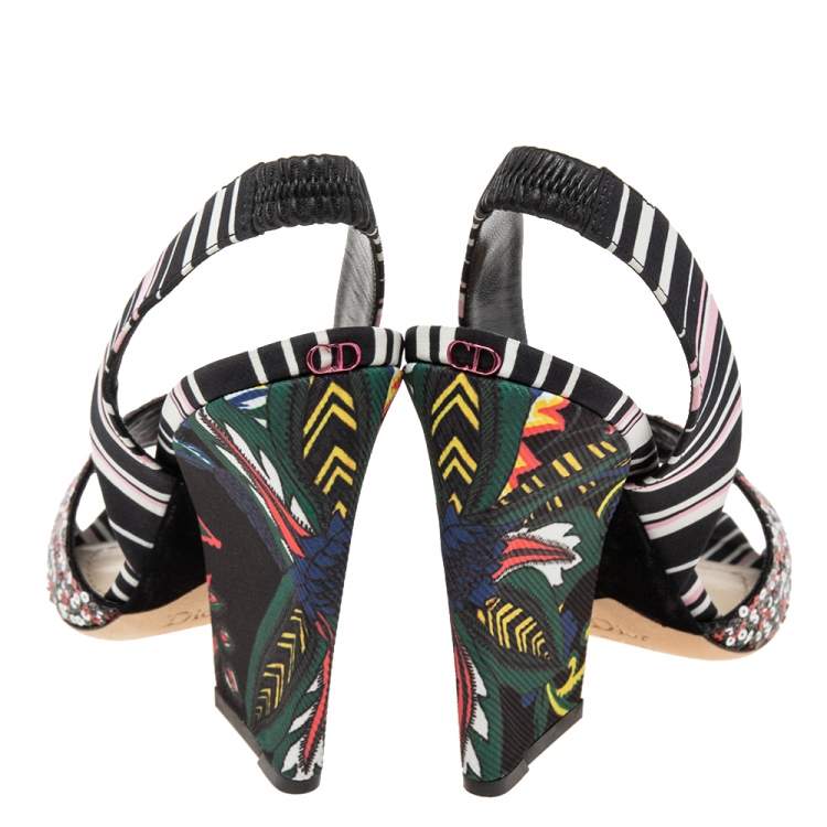 Pre Owned Dior Multicolor Sequins and Printed Fabric Slingback Open-Toe Sandals Size 40